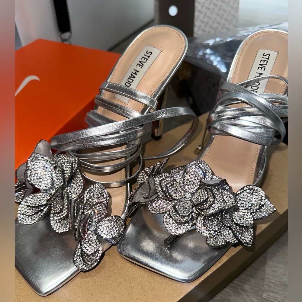 Steve Madden Silver Strappy Heels with Crystal Floral Design